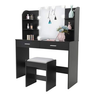 USIKEY Large Vanity Set with 10 Light Bulbs, Makeup Table with Cushioned Stool, 6 Storage Shelves 2 Drawers, Dressing Table Dresser Desk for Women, Girls, Bedroom, Bathroom, Black