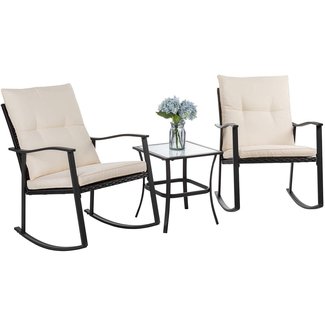 Vongrasig 3 Piece Outdoor Rocking Chair Set, PE Wicker Rattan Small Patio Rocking Bistro Set, Front Porch Furniture Rocking Chairs Set of 2, Cushioned Patio Rocker Chair Set with Glass Table (Beige)