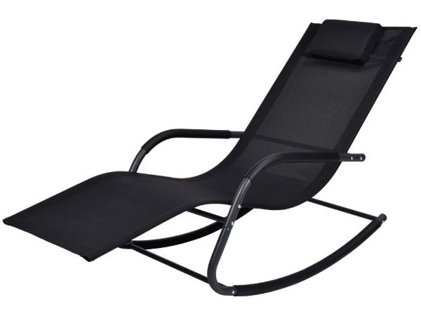 Wostore Rocking Lounger Patio Chaise Sunbathing Chair with Recliner Movable Sleep Bed Included Pillow and Breathable Texteline Farbic-Black