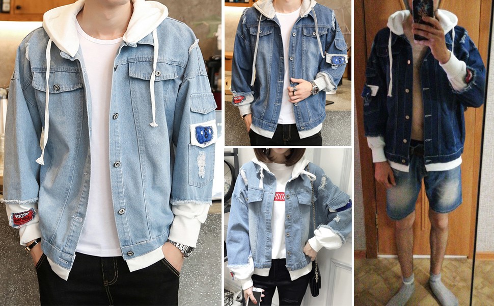 LifeHe Men Denim Jacket With Hoodie With Patches Oversized 