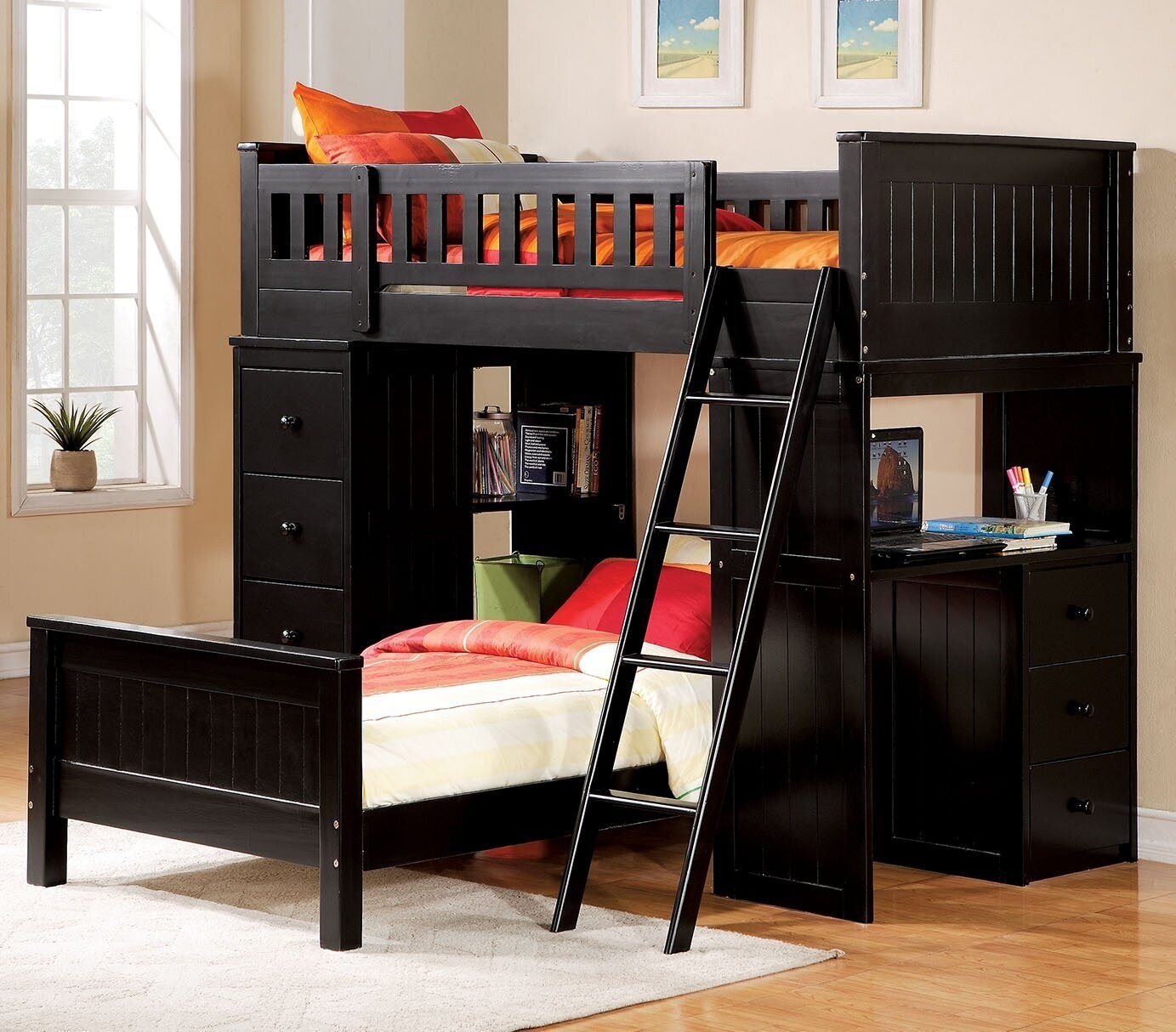 L Shaped Bunk Bed with Desk and Shelves