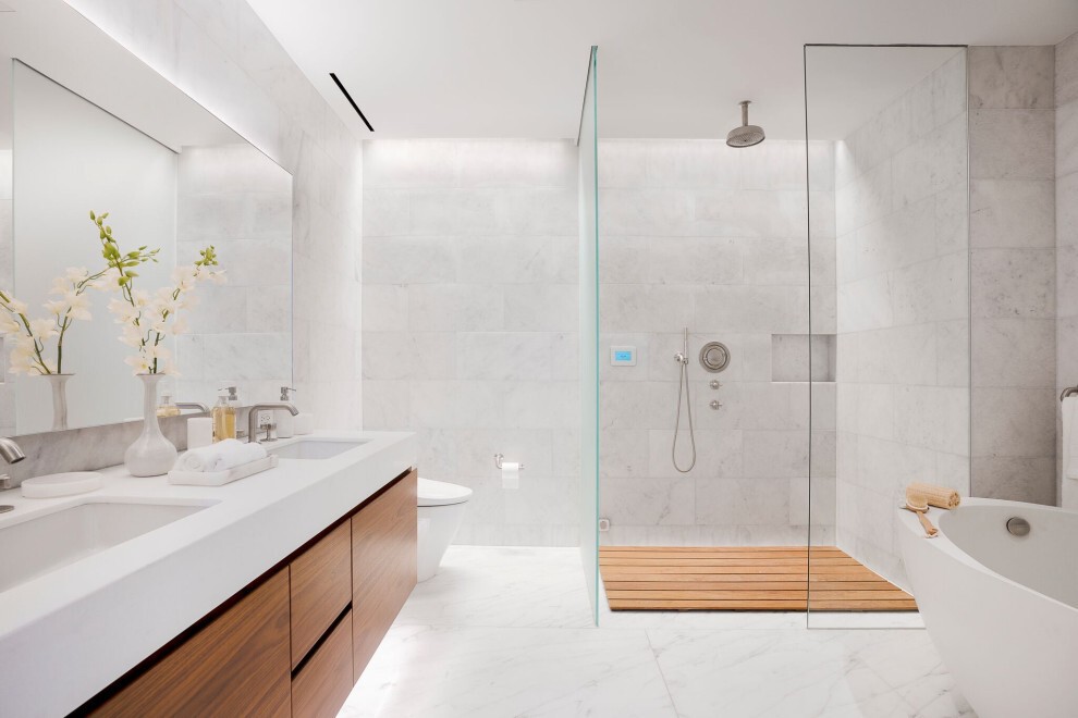 Teak and Marble Minimalist Bathroom