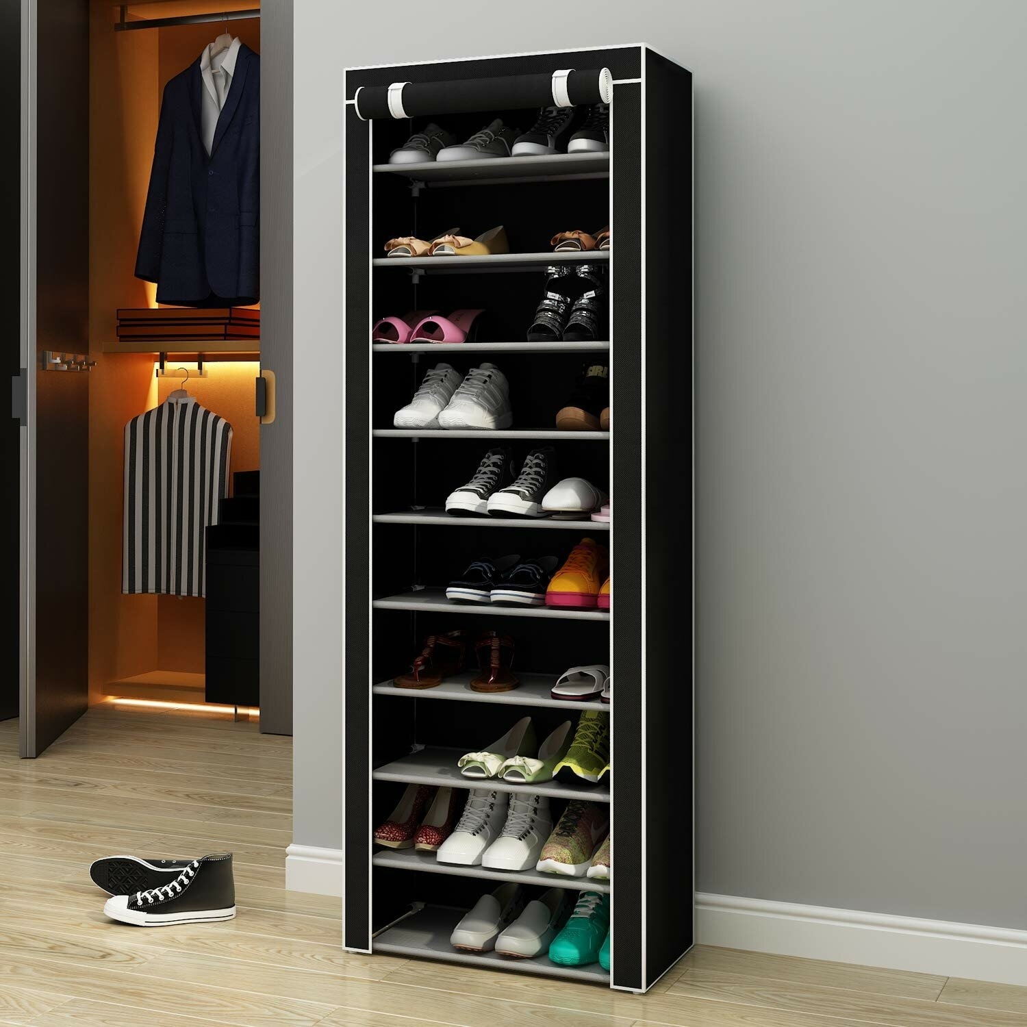 10-Tier Shoe Rack Organizer , Tall Shoe Storage for Closets Non-Woven  Fabric Metal Sturdy Shoe Shelf Tower Cabinet for Entryway (Black)