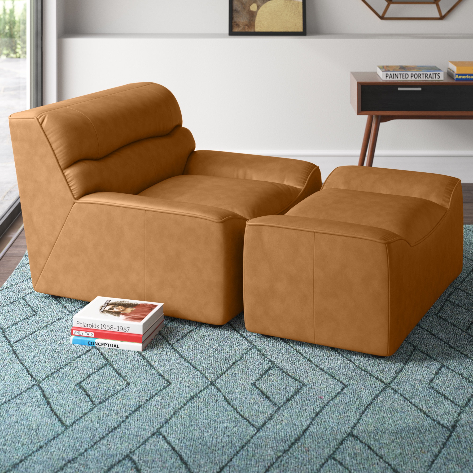 44'' Wide Leather Match Slipper Chair and Ottoman