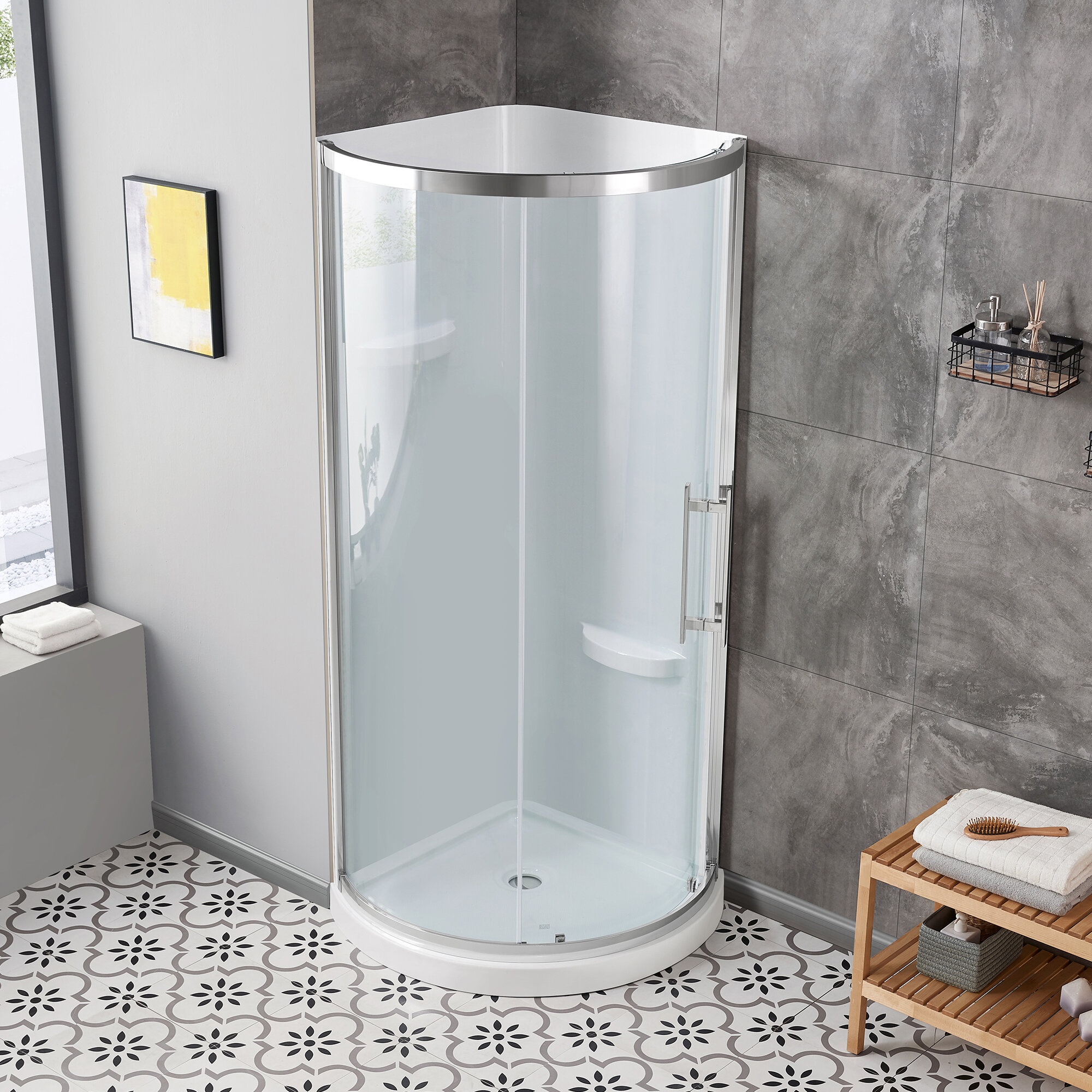Harta 32.01" W x 32.01" D x 76" H Framed Round Sliding Shower Enclosure and Base Included