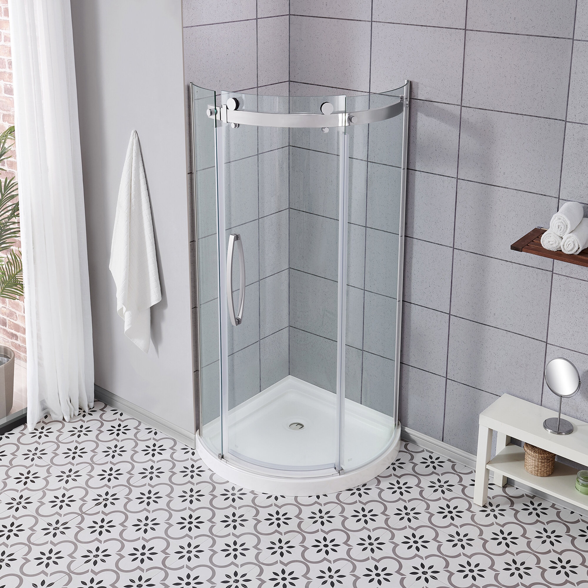 Harta 34.02" W x 34.02" D x 75.51" H Framed Round Sliding Shower Enclosure and Base Included