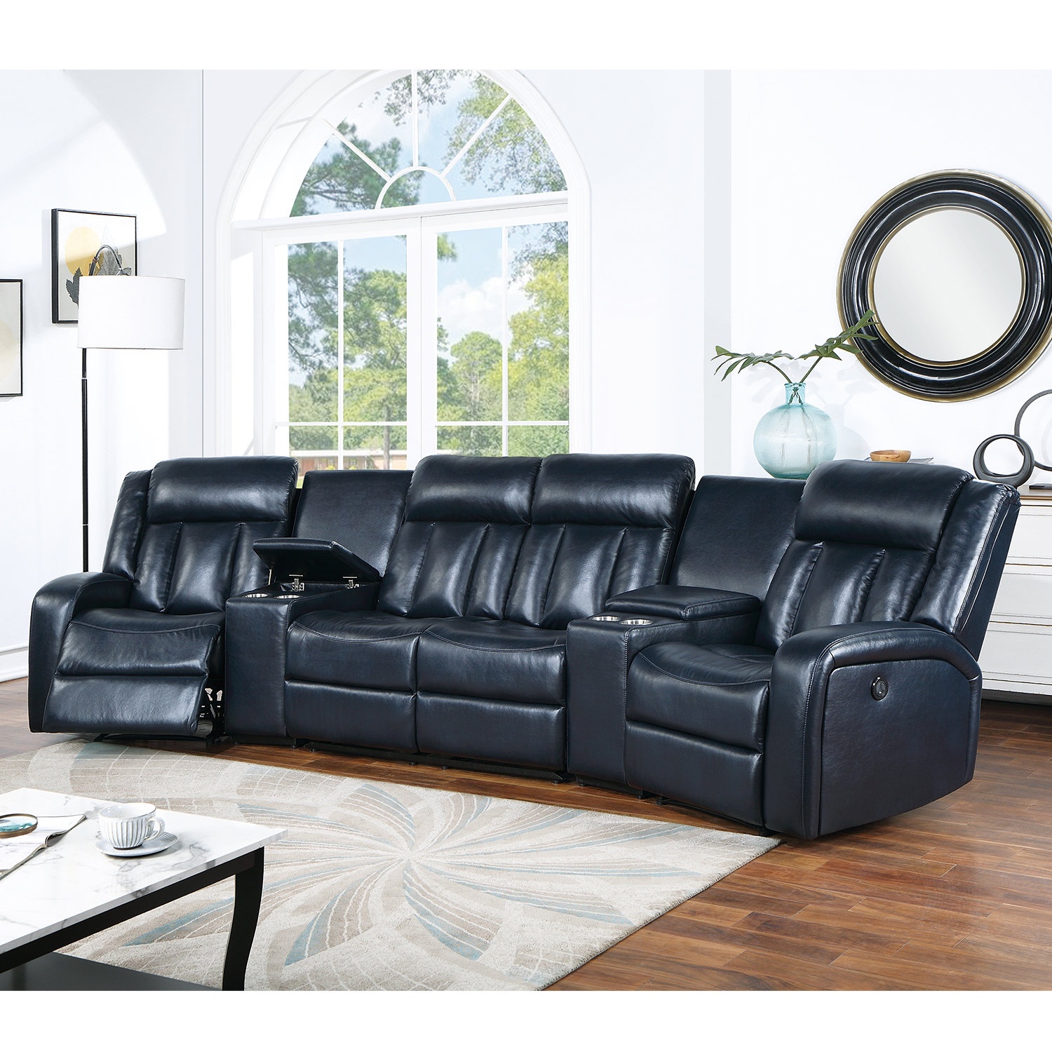 138'' Wide Faux Leather Home Theater Sectional with Cup Holder