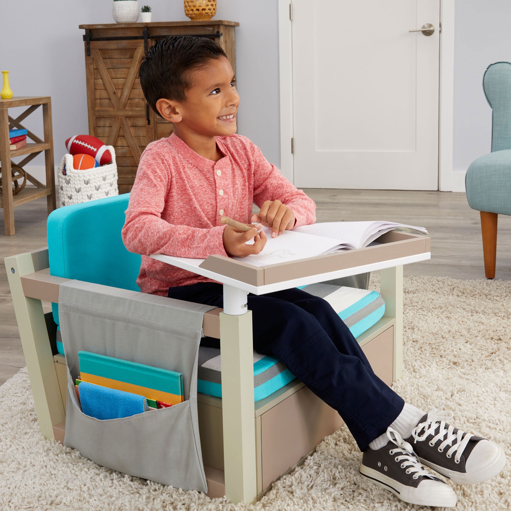 Simplay3 Creative Kids Art Desk Table and Chair Set with Attached Desk  Chair, Full Floor and Art Storage