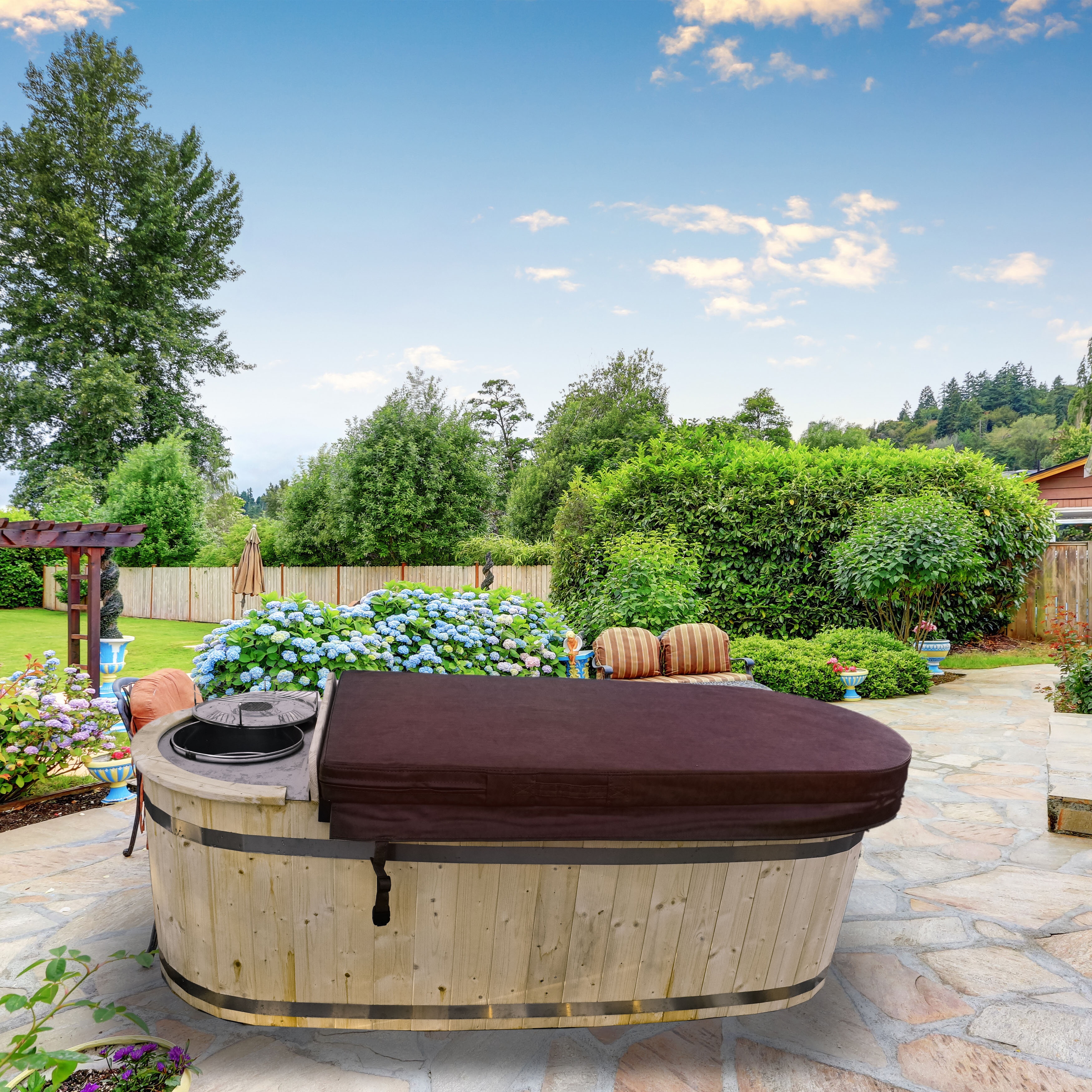 2-Person Solid Natural Pine Oval Hot Tub with Charcoal Stove