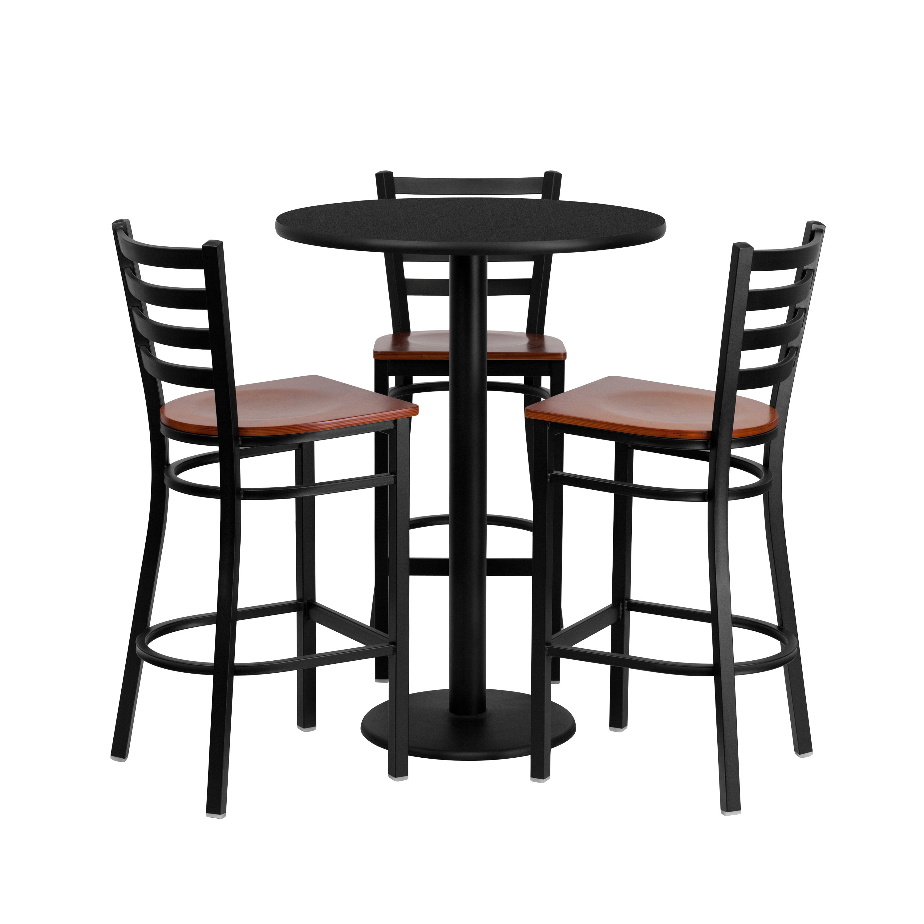 30" Round Laminate Table Set with 3 Metal Barstools - Cherry Wood Seat