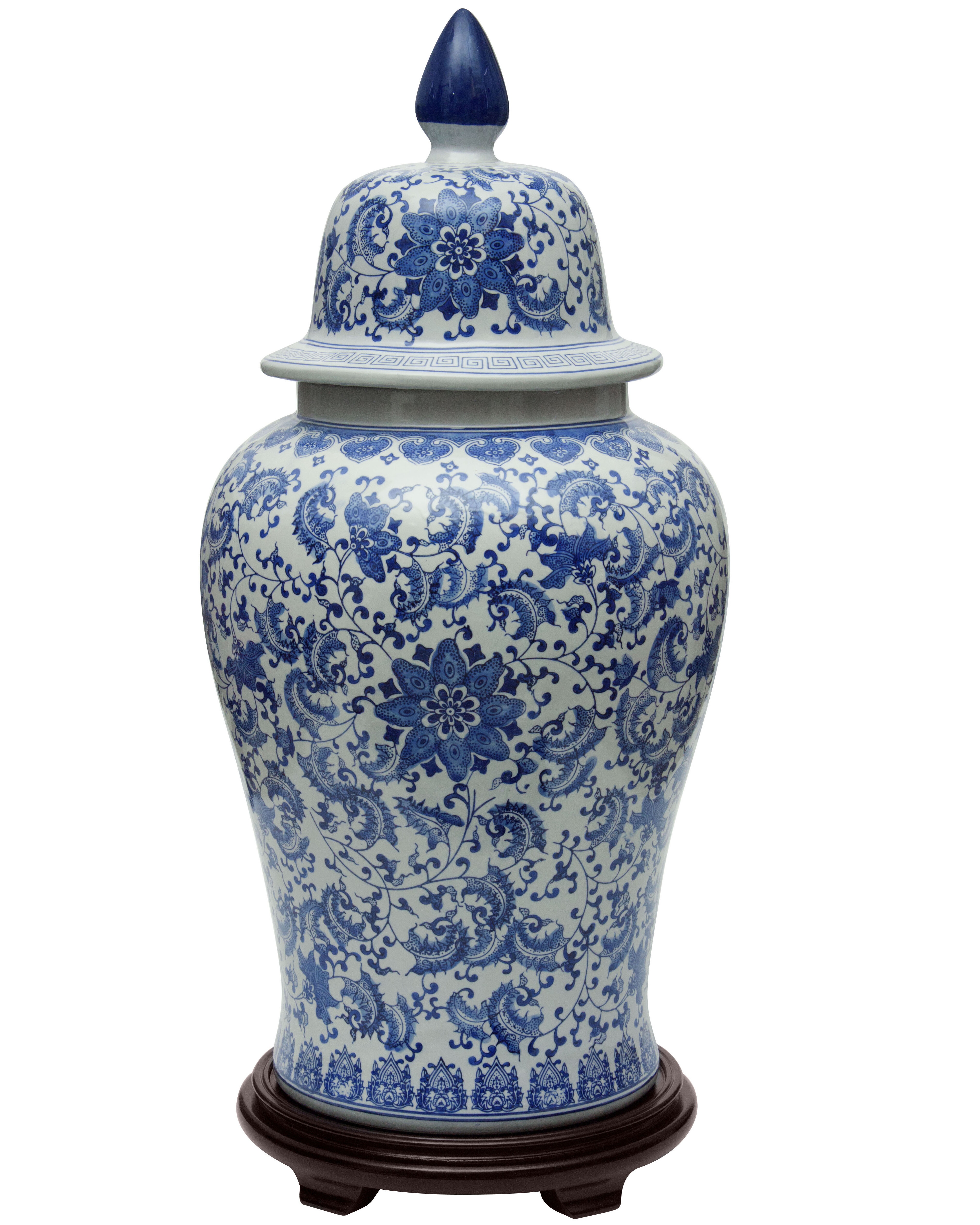 32" Floral Blue & White Porcelain Temple Jar