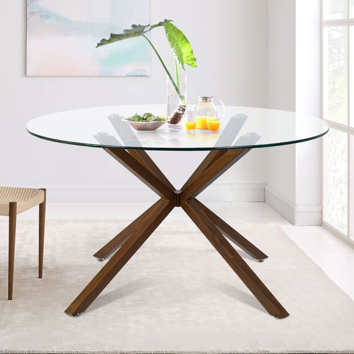 39" Glass Round Dining Table, Walnut Legs