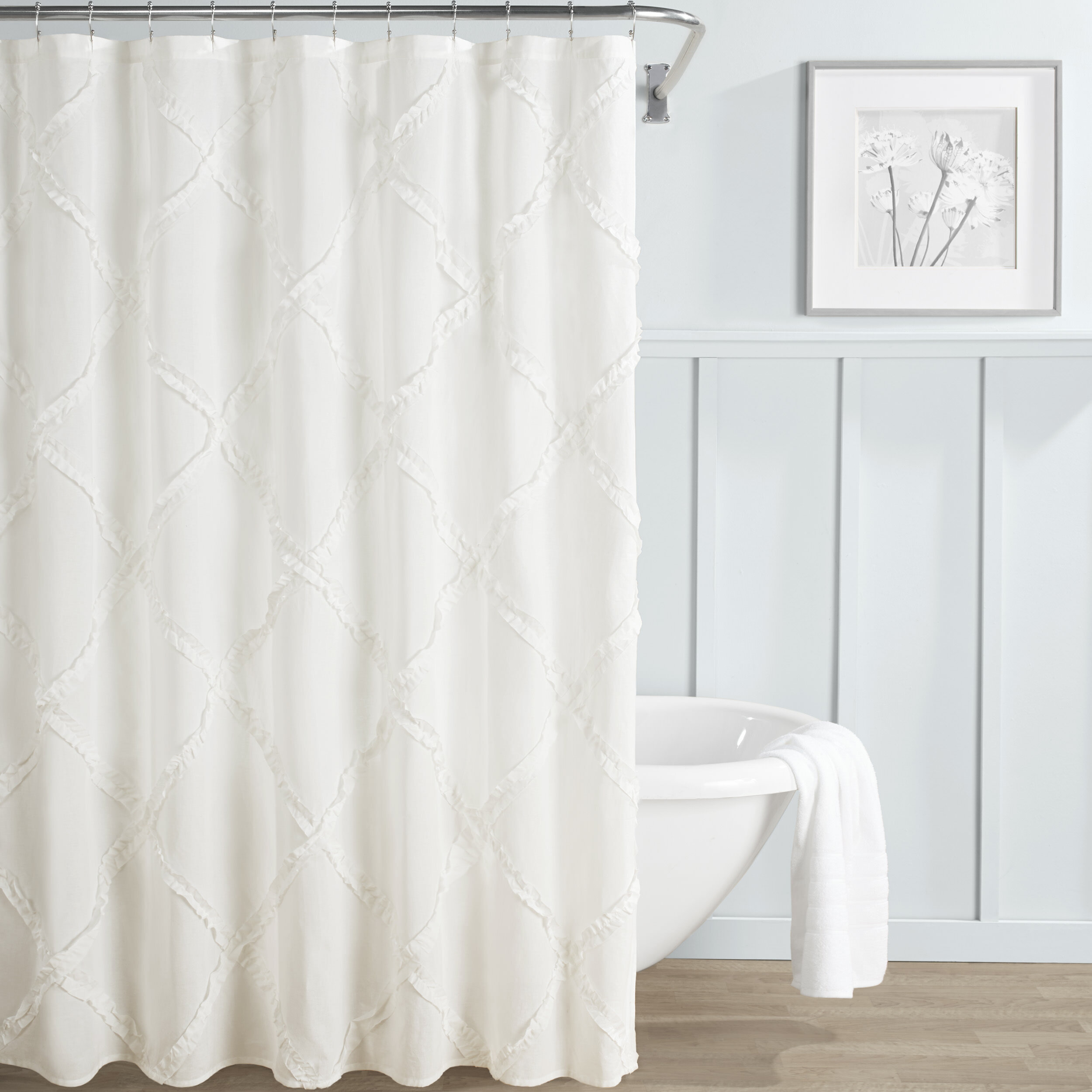 Adelina Off White Solid Ruffled 100% Cotton Shower Curtain