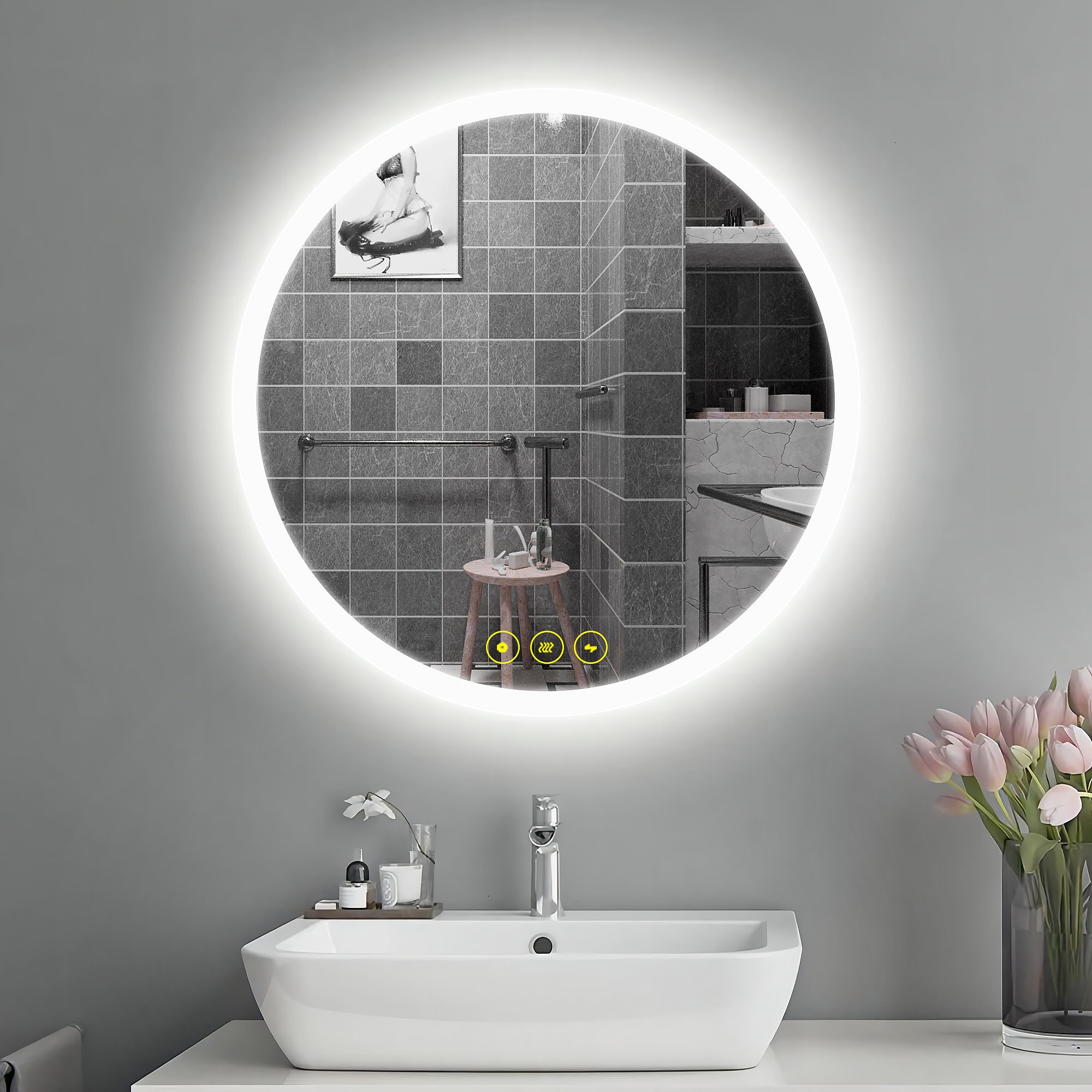 Large Round LED Bathroom Mirror Light Dimmable Anti-Fog Makeup Wall Mirror  Gold