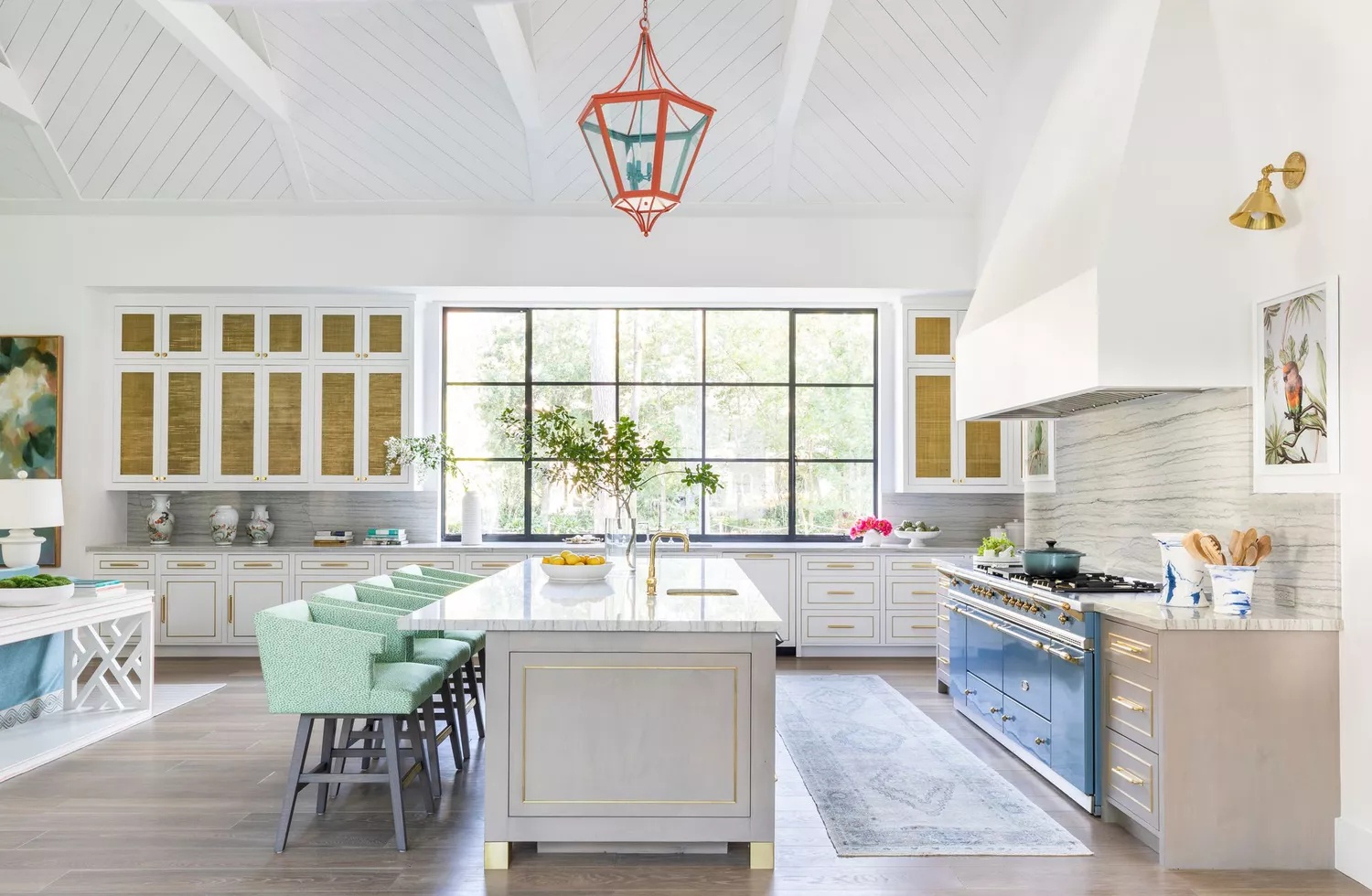 Spacious kitchen with breezy white shiplap ceiling