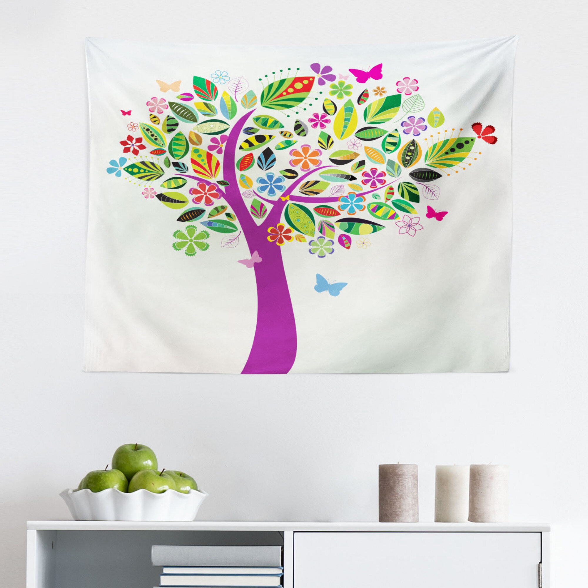 Ambesonne Tree Of Life Tapestry, Ornate Vibrant Floral Tree Flying Butterflies Fresh Colors Nature Image Home, Fabric Wall Hanging Decor For Bedroom Living Room Dorm, 45" X 30", Multicolor