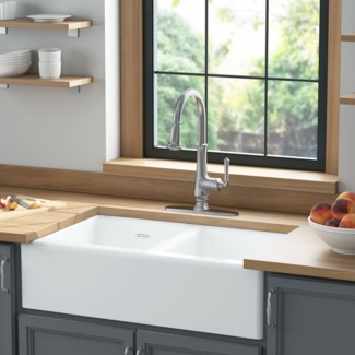 American Standard Delancey 22.06'' W Double Bowl Cast Iron Farmhouse Kitchen Sink with 4 Faucet Holes