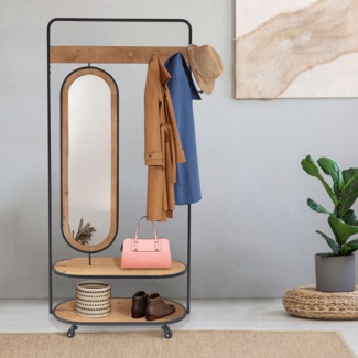 Coat Rack Stand, Industrial Hall Tree with Hooks, Mirror, Shoe