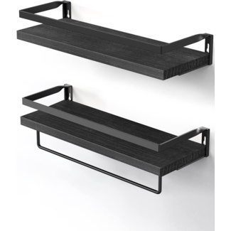 Bathroom Floating Shelf With Towel Rack, 2-pack (black)
