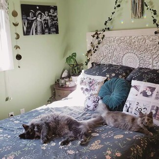 Bohemian living room with colorful textiles