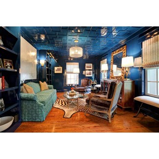 Sophisticated room with bold lacquered ceiling