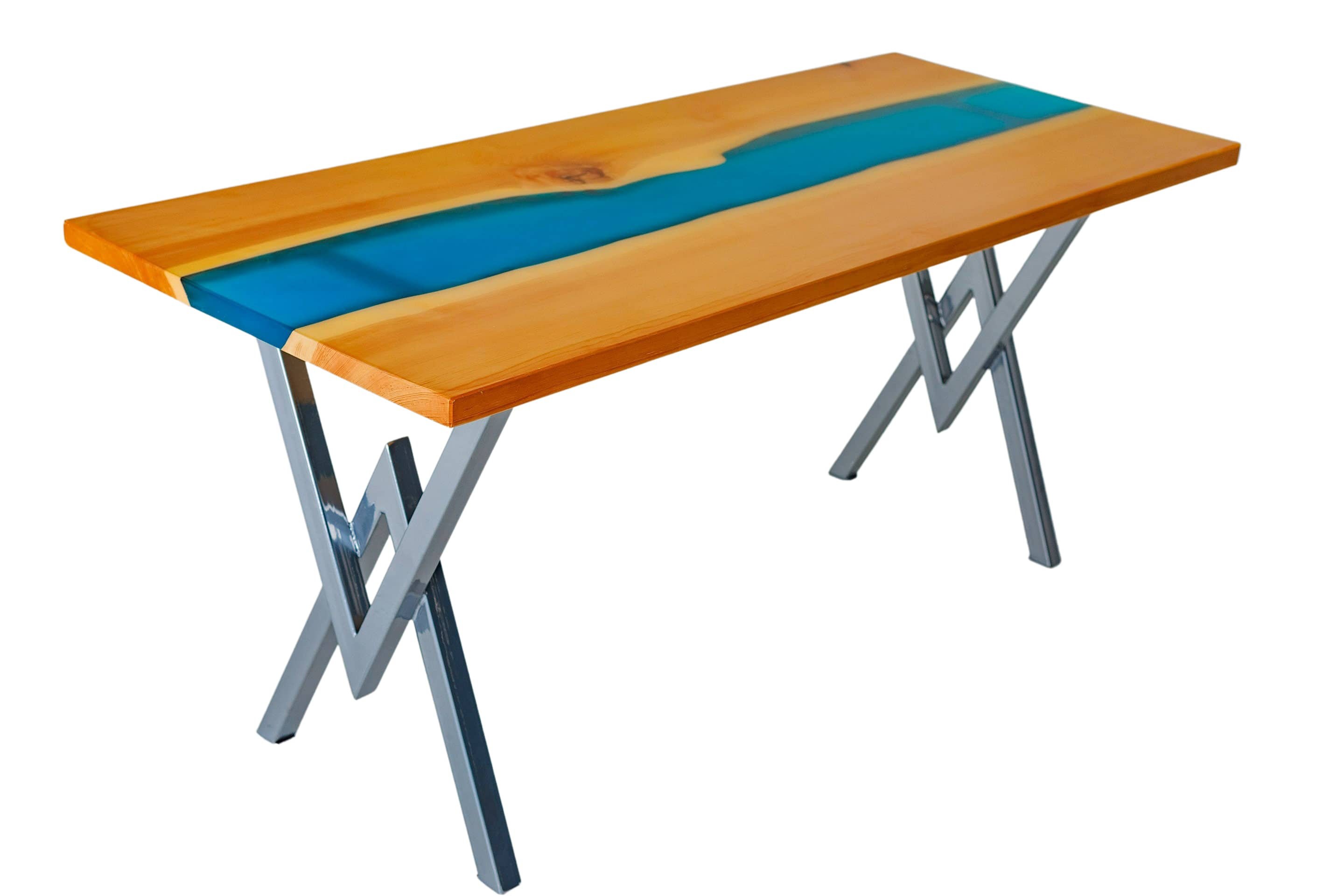Brown/Blue Worktop Cedar Table With River Solid Wood