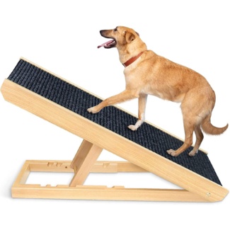 Chanielle Adjustable Pet Ramp, Folding Portable Natural Wooden Ramp For All Dogs & Cats, Non Slip Carpet Surface Ramp For Bed, Couch &Car,