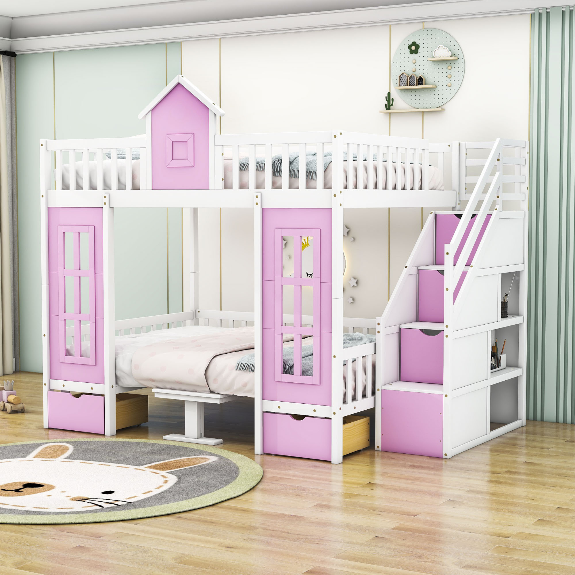 Loft Bed With Drawers Creative And Lovely Pink Two-story Bed For