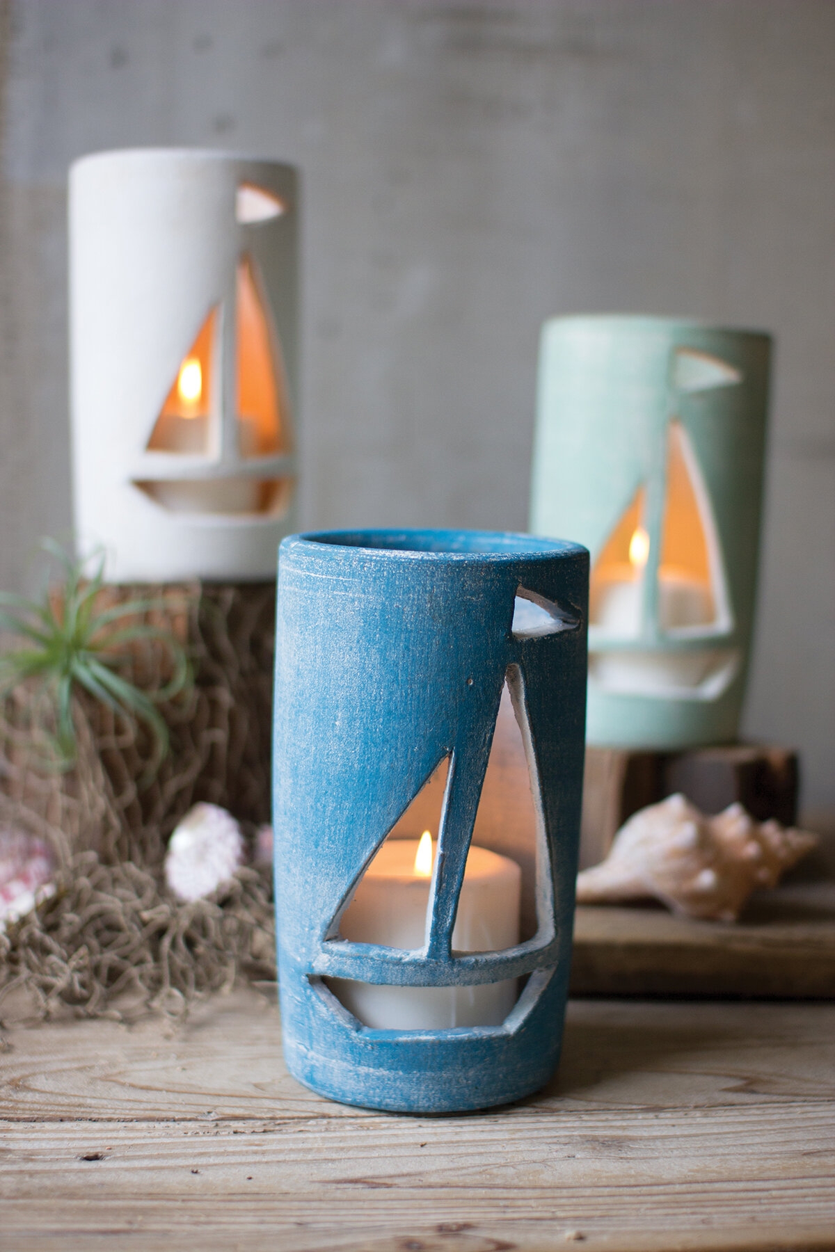 Clay Sailboat Luminaries 3 Piece Ceramic Votive Holder Set