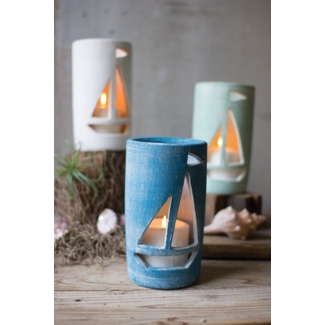 Clay Sailboat Luminaries 3 Piece Ceramic Votive Holder Set
