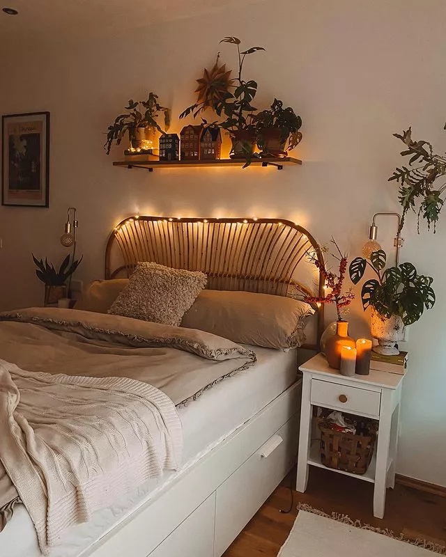 Cozy bedroom with white bedding and string lights
