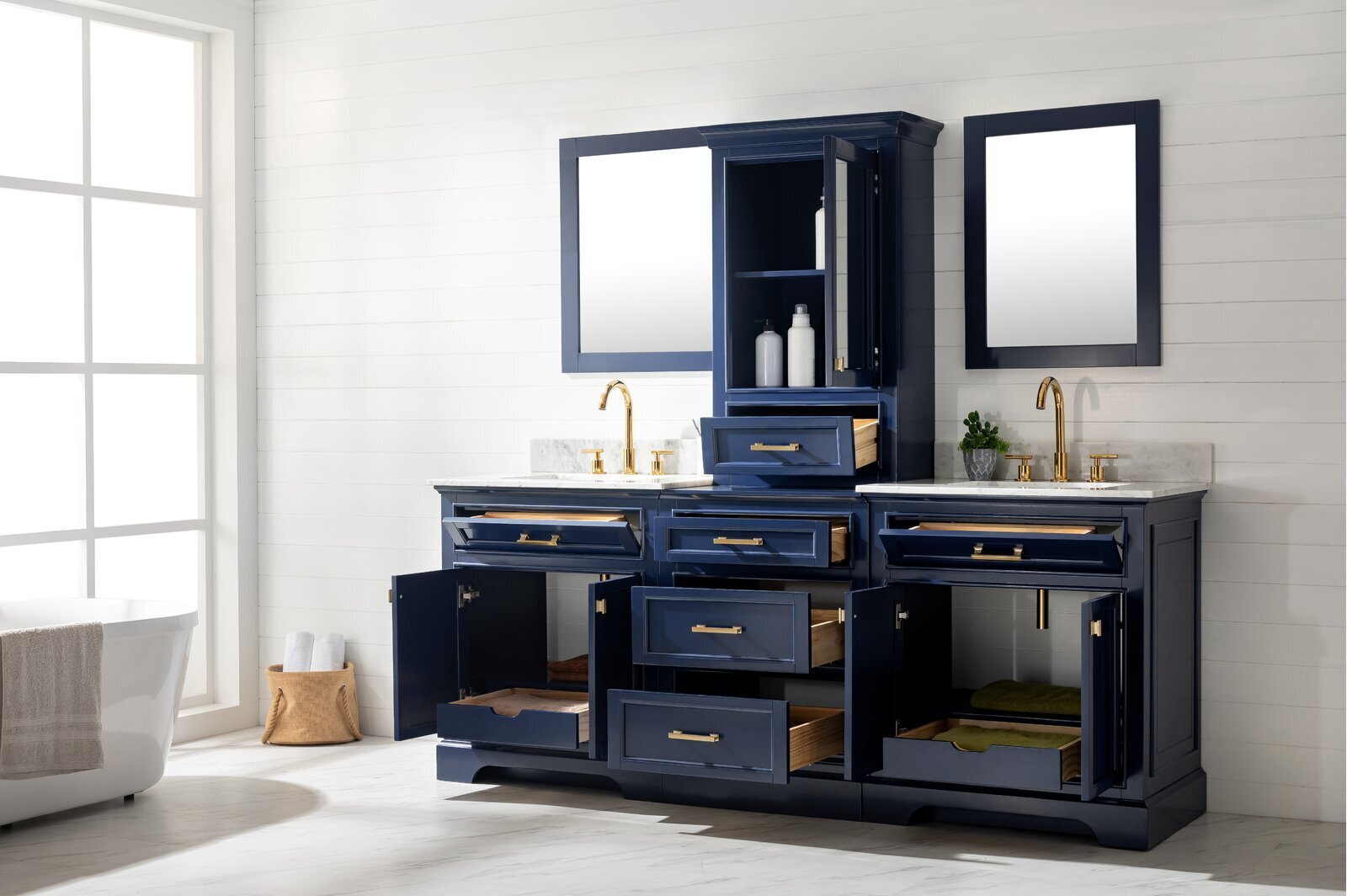 Deep Blue Double Bathroom Vanity and Linen Cabinet Combo