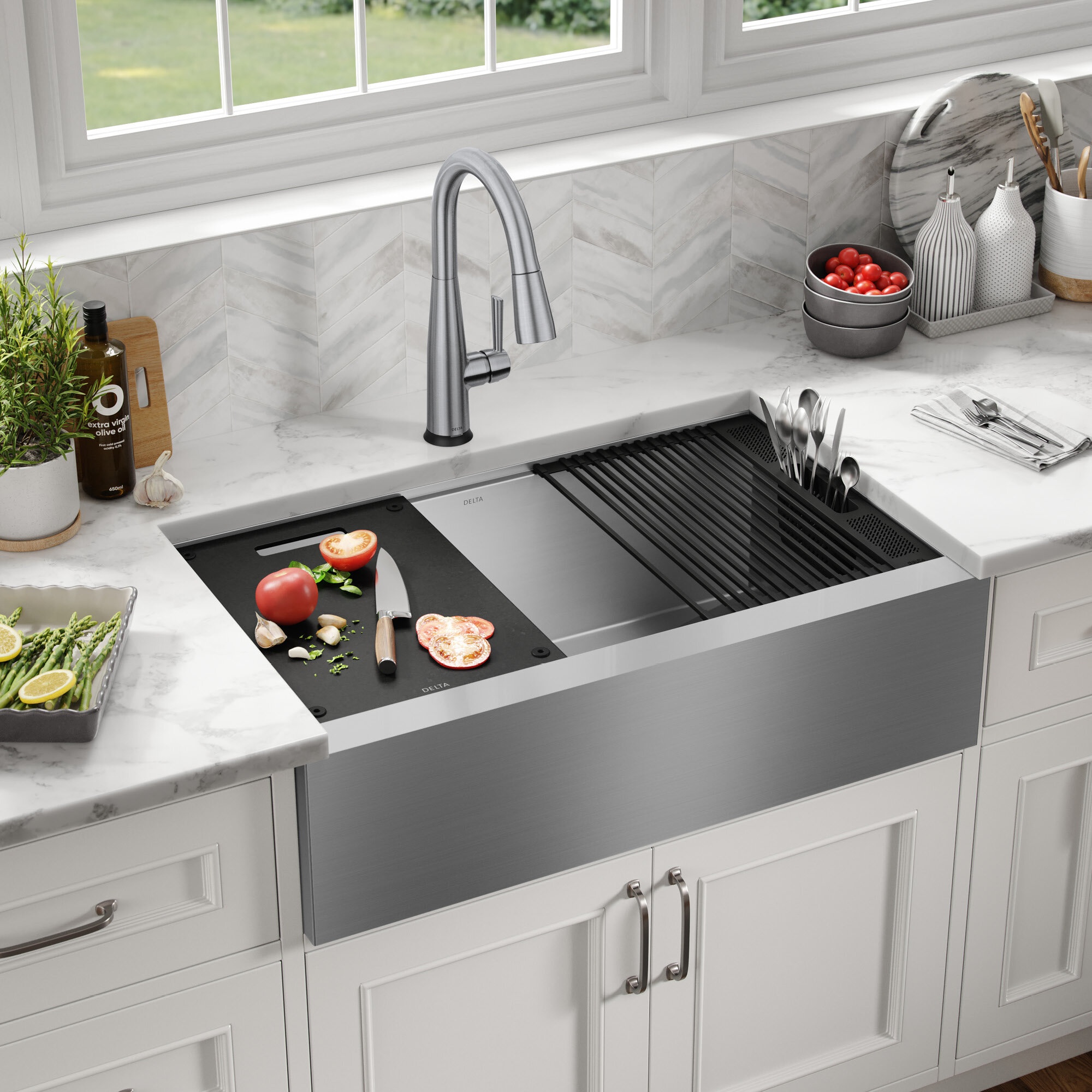 Delta Rivet 20.25'' W Single Bowl Stainless Steel Farmhouse Kitchen Sink with 1 Faucet Hole