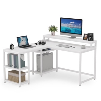 L-Shaped Desk with Hutch, 60″ Corner Computer Desk, Large Home Office Desk  with Bookshelf and Storage Shelves, Space-Saving, White – Built to Order,  Made in USA, Custom Furniture – Free Delivery