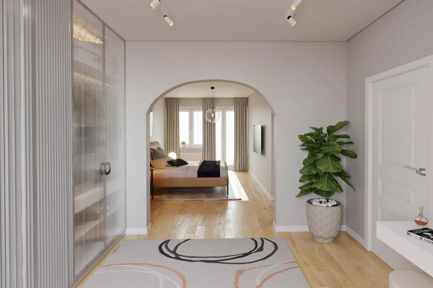 Elegant bedroom with blue walls and gold accents