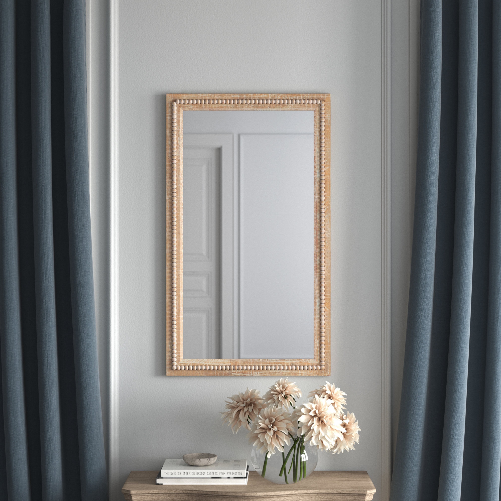 Elle Wood Distressed Wall Mirror with Beaded Detailing