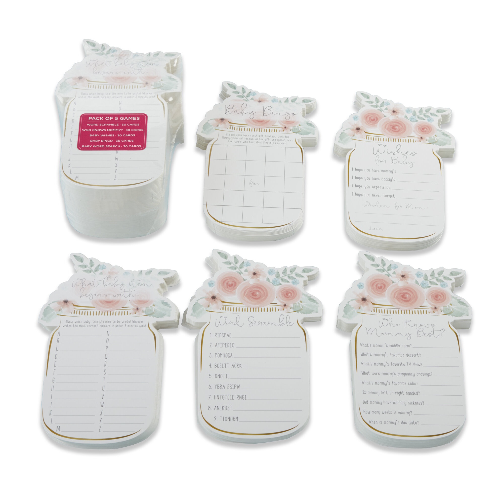 Floral Mason Jar Baby Shower 150 Game Card Set