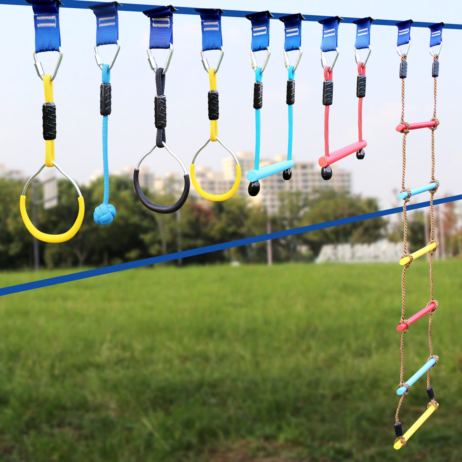 Gentle Booms Sports Ninja Warrior Obstacle Course Ninja Line Included With 56ft Blue Slackline Backyard Tree Training Equipment Outdoor Play Gym Plastic Material