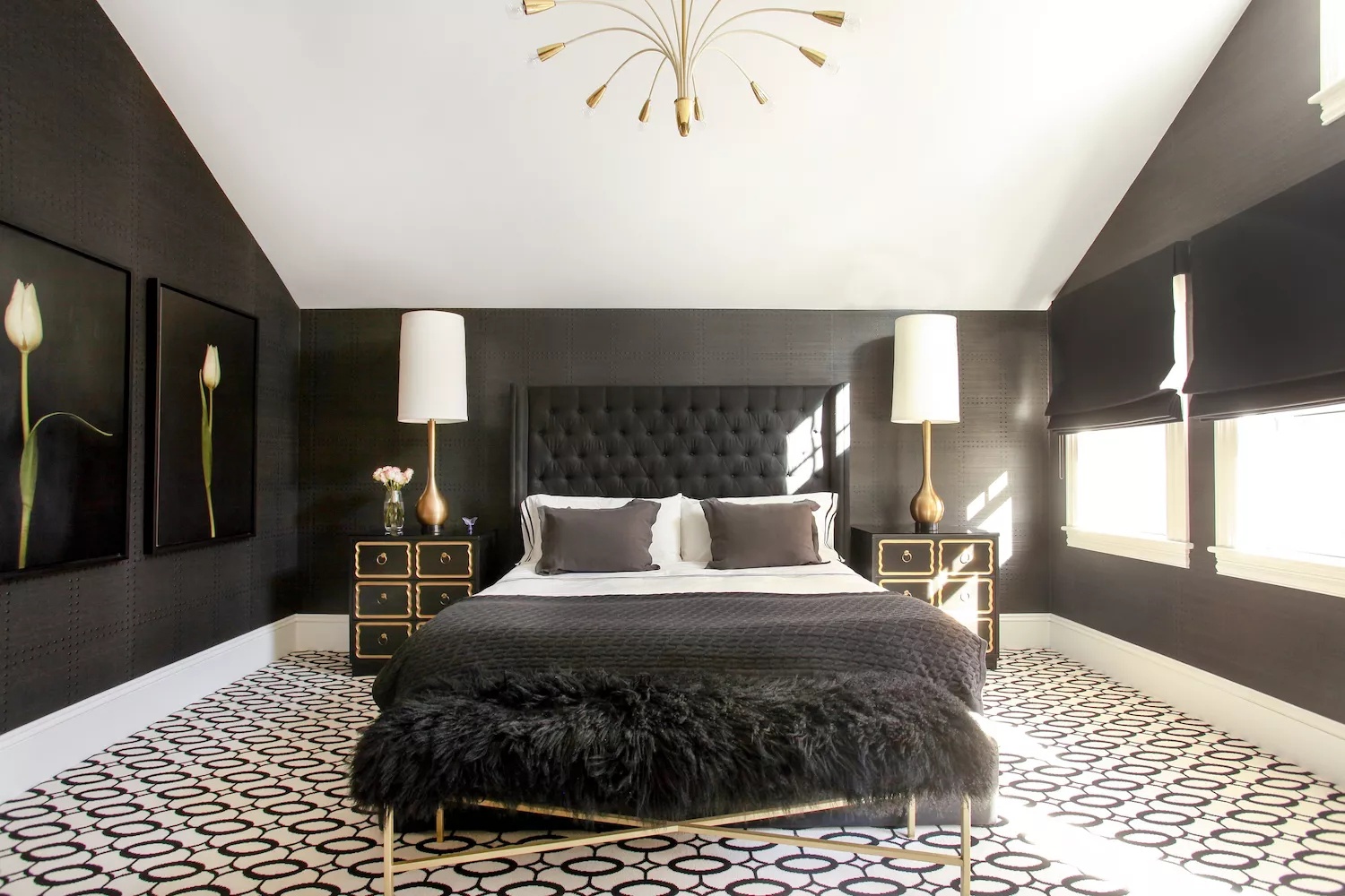 Glamorous Victorian bedroom with luxurious fabrics and chandelier