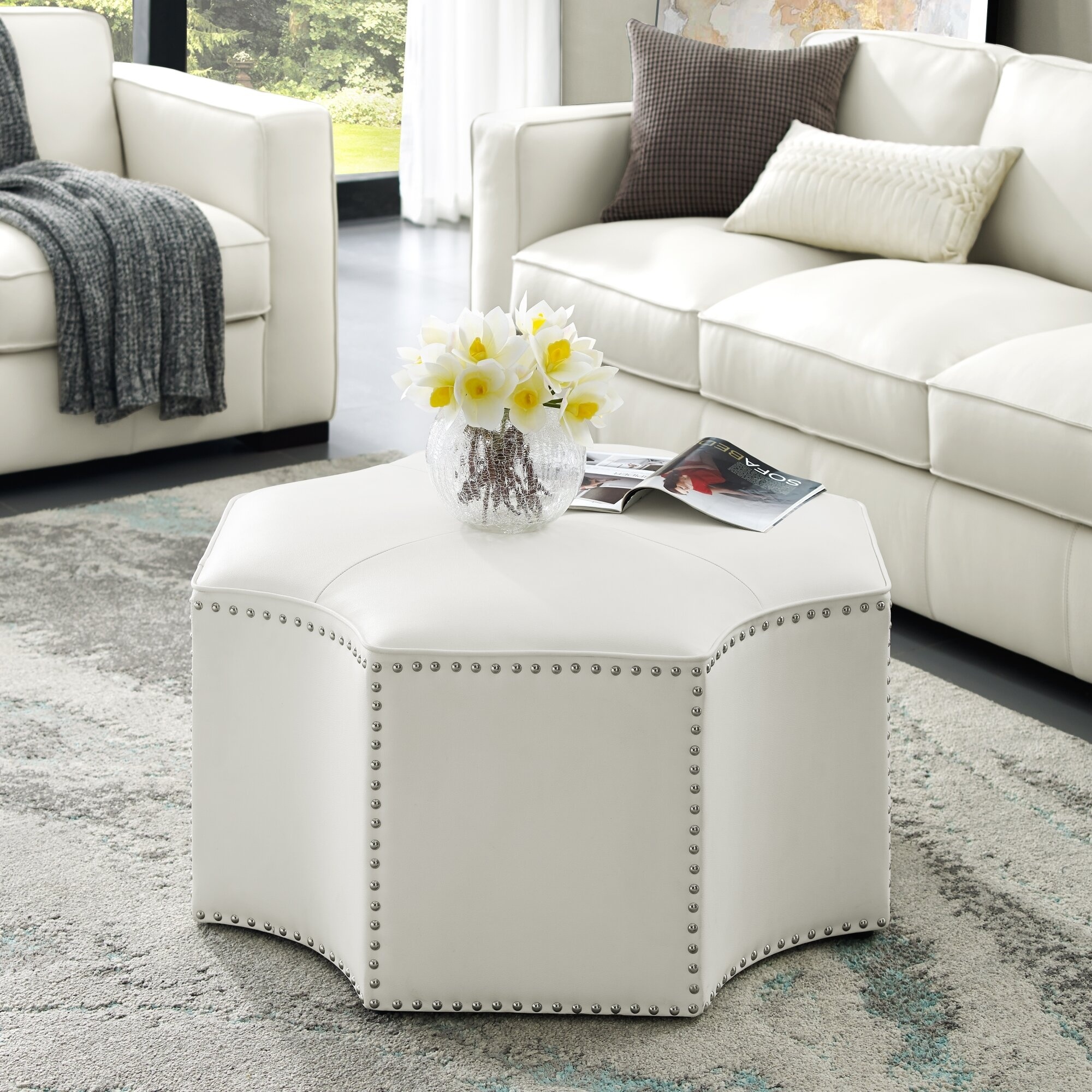 Graysen Leather Pu Octagon Cocktail Ottoman For Bedroom
