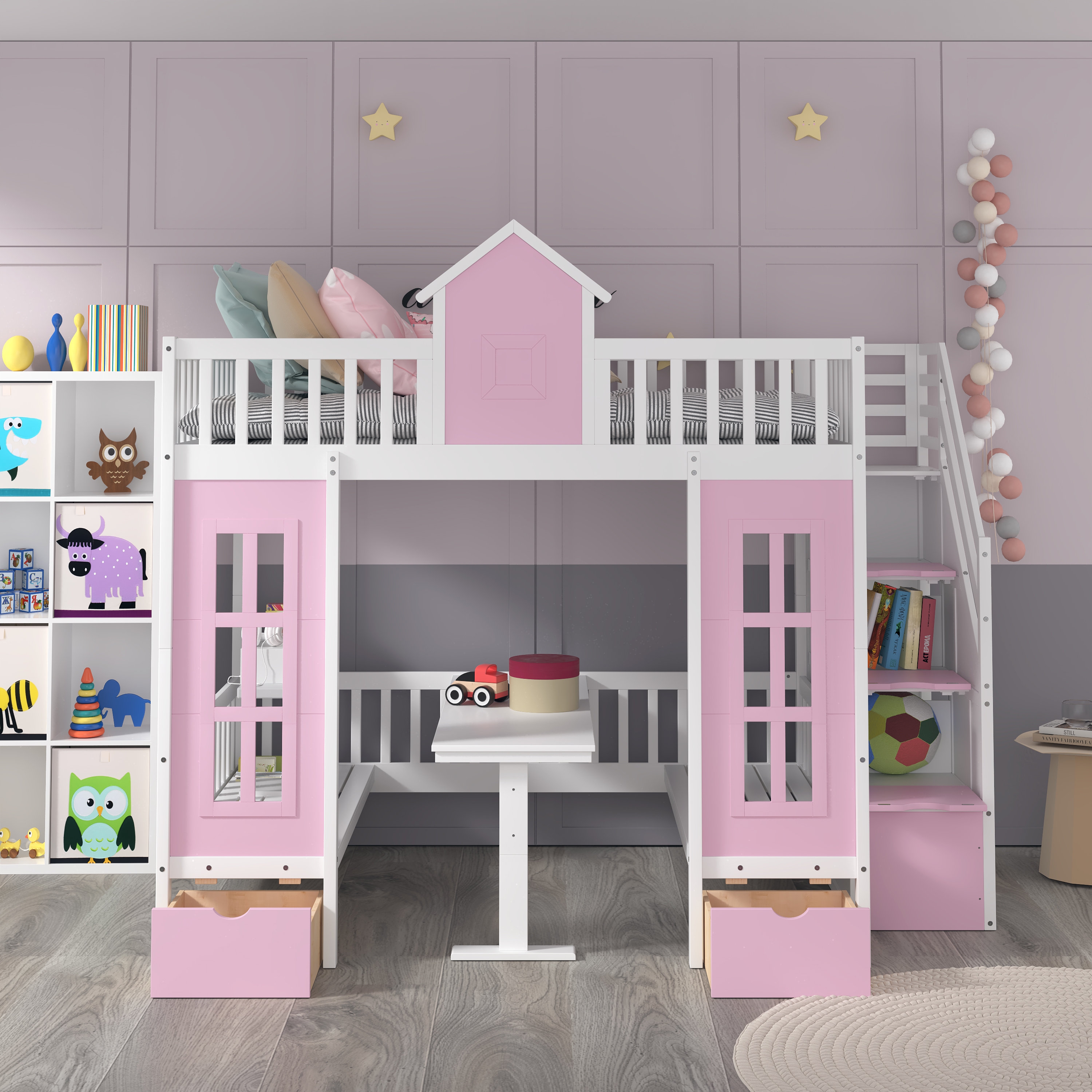 Pink bunk bed with sales desk