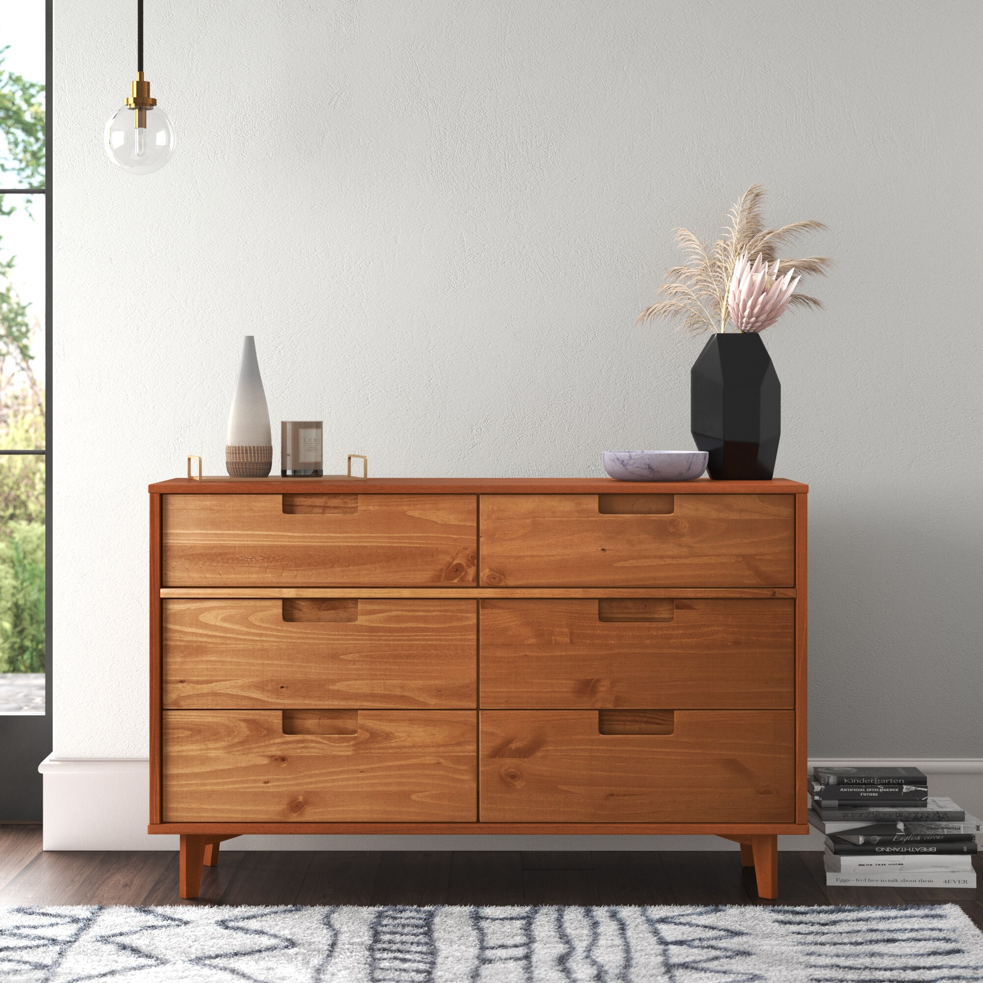 Modern 6 Drawer Dresser With Wooden Leg And Handle, Brown+white