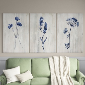 Indigo Botanical I - 3 Piece Wrapped Canvas Print