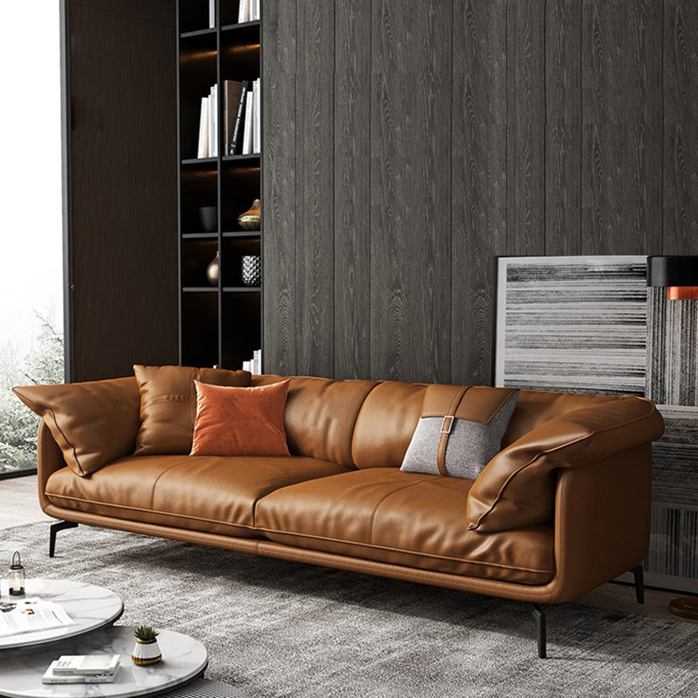 Italian Minimalist Cowhide Genuine Leather Orange Down Cushion Living Room Sofa