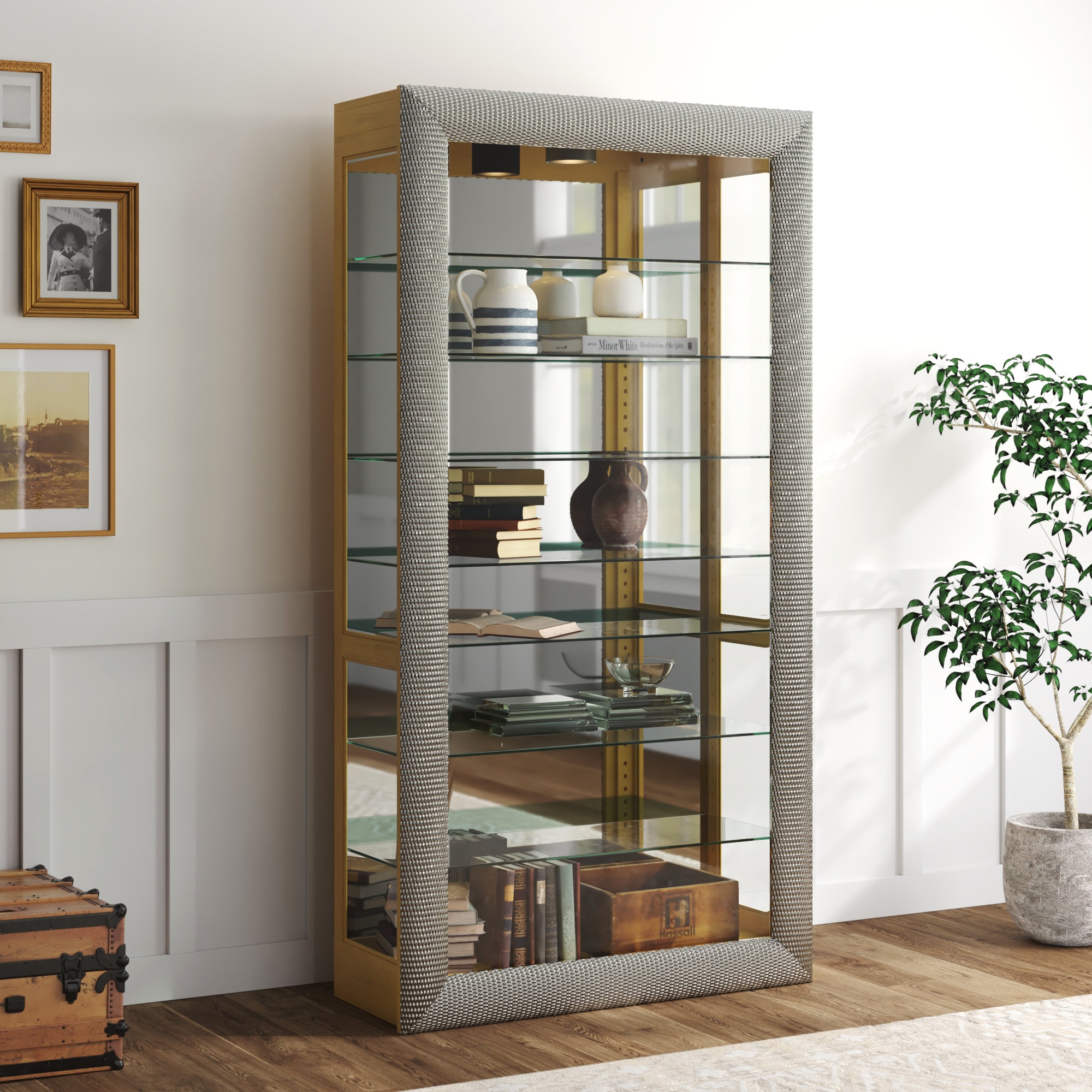 Kempinski 43'' Wide Solid Wood Mirrored Back Curio Cabinet with Lighting