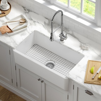 KRAUS Bellucci 33-inch Granite Quartz Composite Farmhouse Flat Apron Front  Single Bowl Kitchen Sink with CeramTek in White 