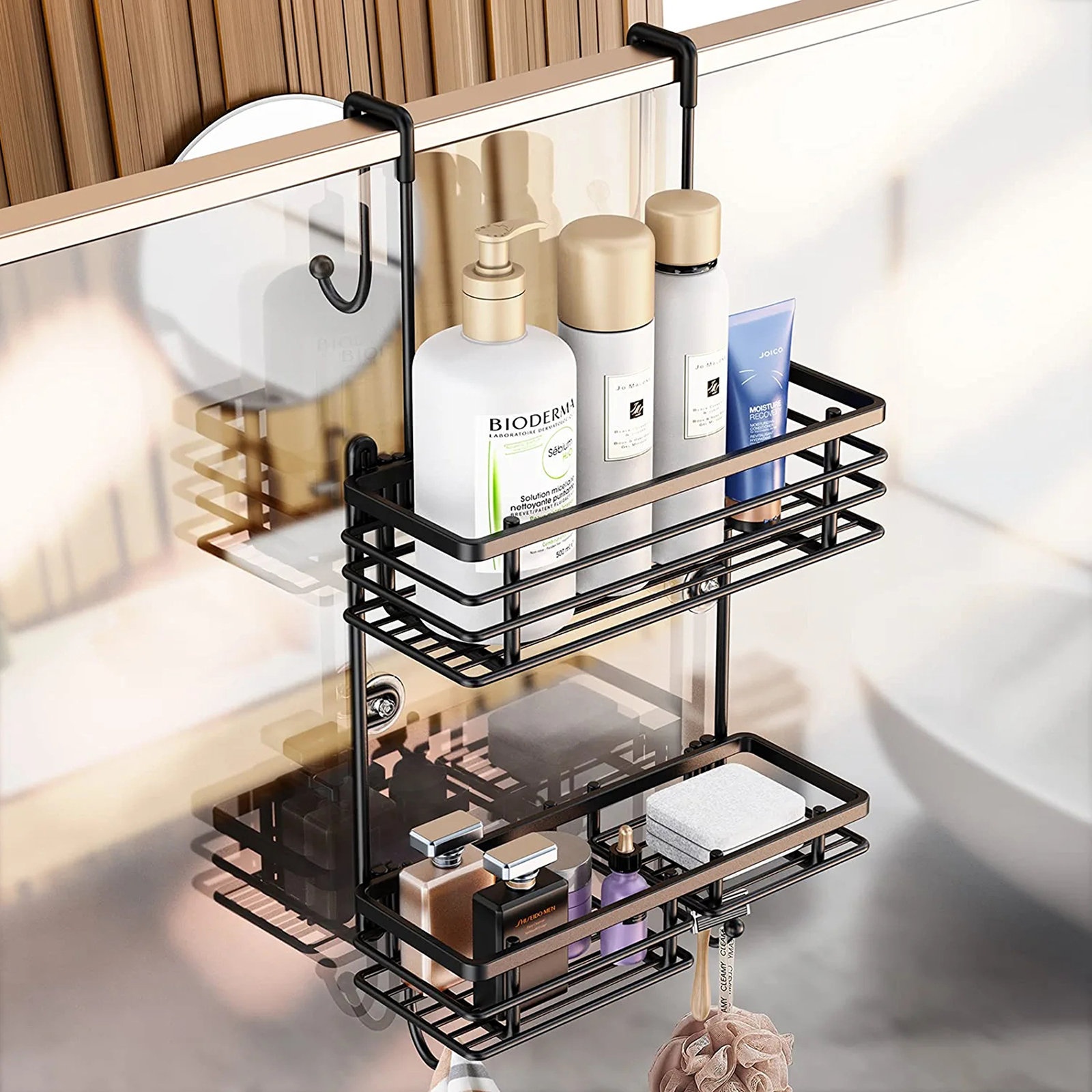 Shower Caddy Hanging Shelf with Hooks Suction Cups Stainless