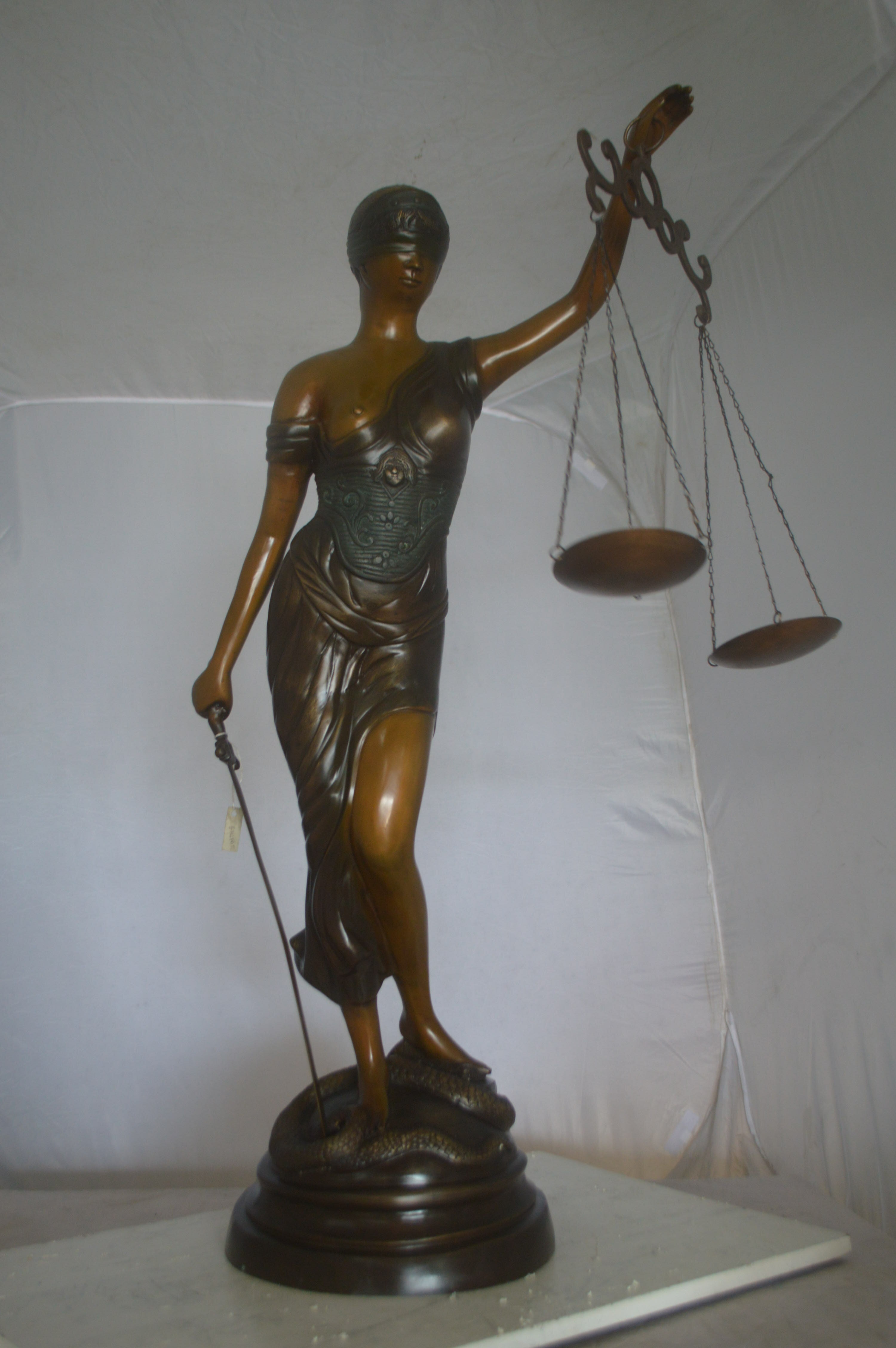 Lady Justice 47H Bronze Statue -Size: 25"L x 11"W x 47"H.