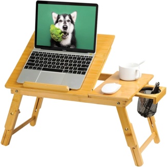 Portable Bamboo Bed Tray Table for Laptops w/Removable Media Slot