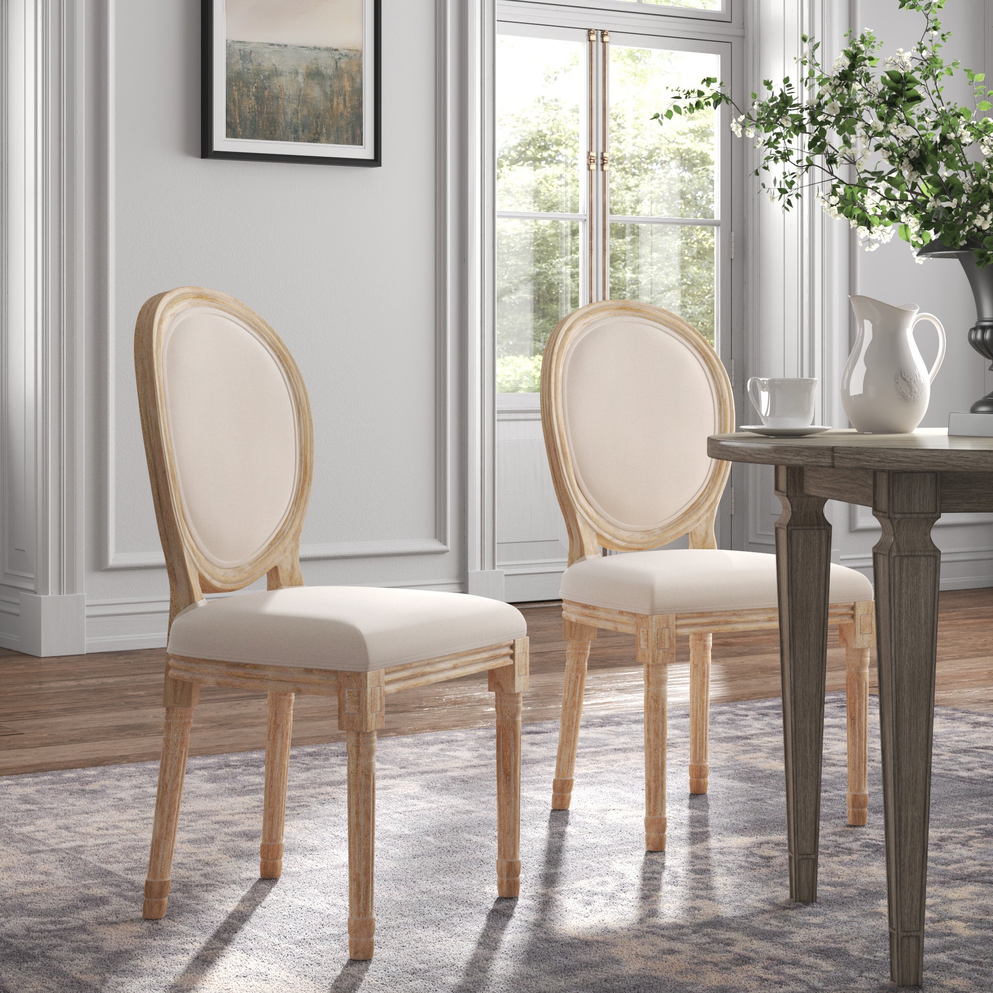 King Louis Back Side Chair Set of 2 Upholstered Linen Dining Room Chairs  Light gray French Country Dining Chairs 